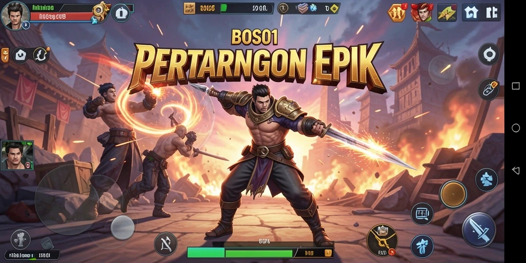 Gambaran aksi pertarungan epik dalam BOS01 dengan karakter yang menonjol.